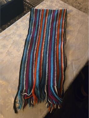 Vibrant Multi-Color Striped Knit Scarf with Fringe Detail